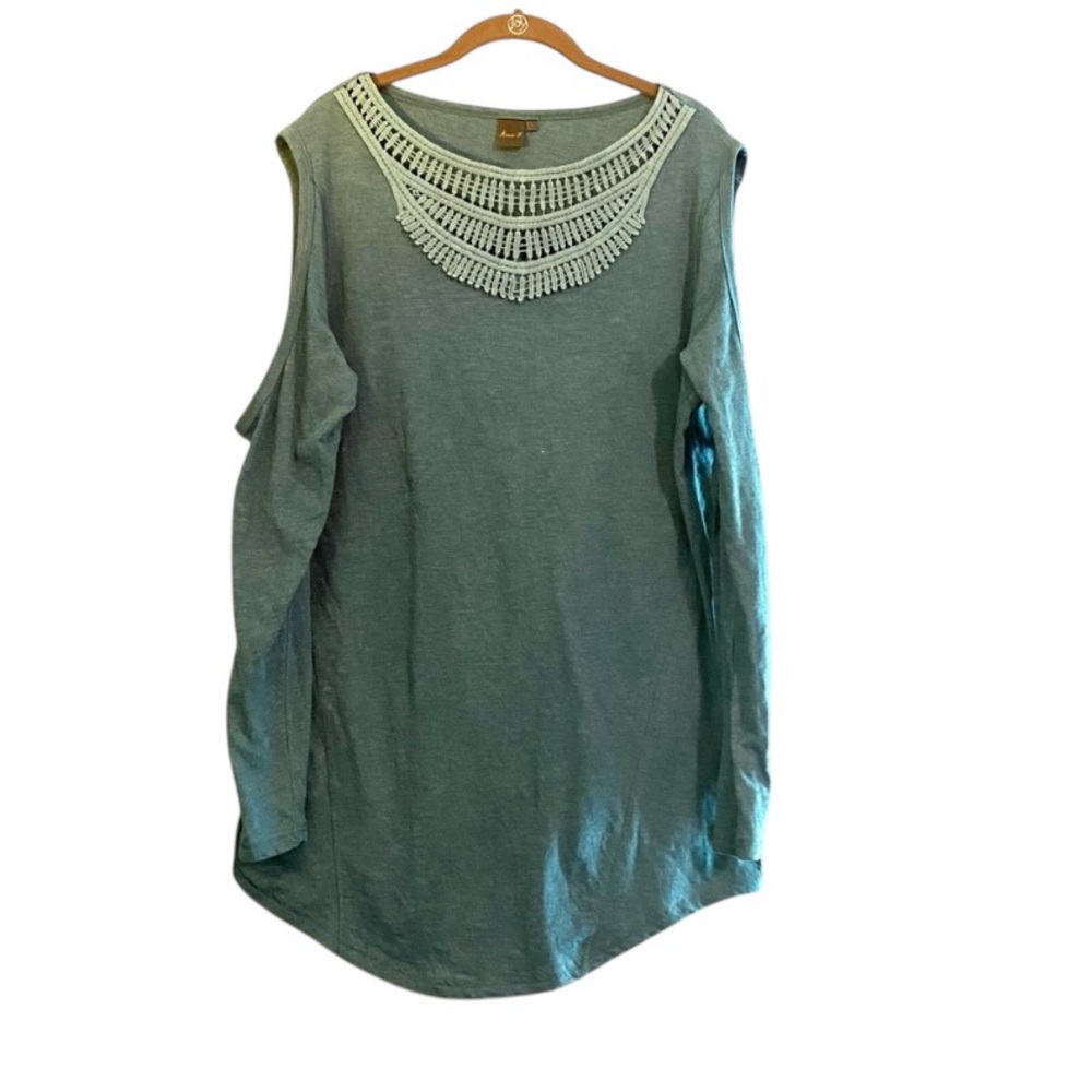 NWT Mona-B Crochet Lace Trim Off Shoulder Long Sleeve Green Blue Shirt Sz L